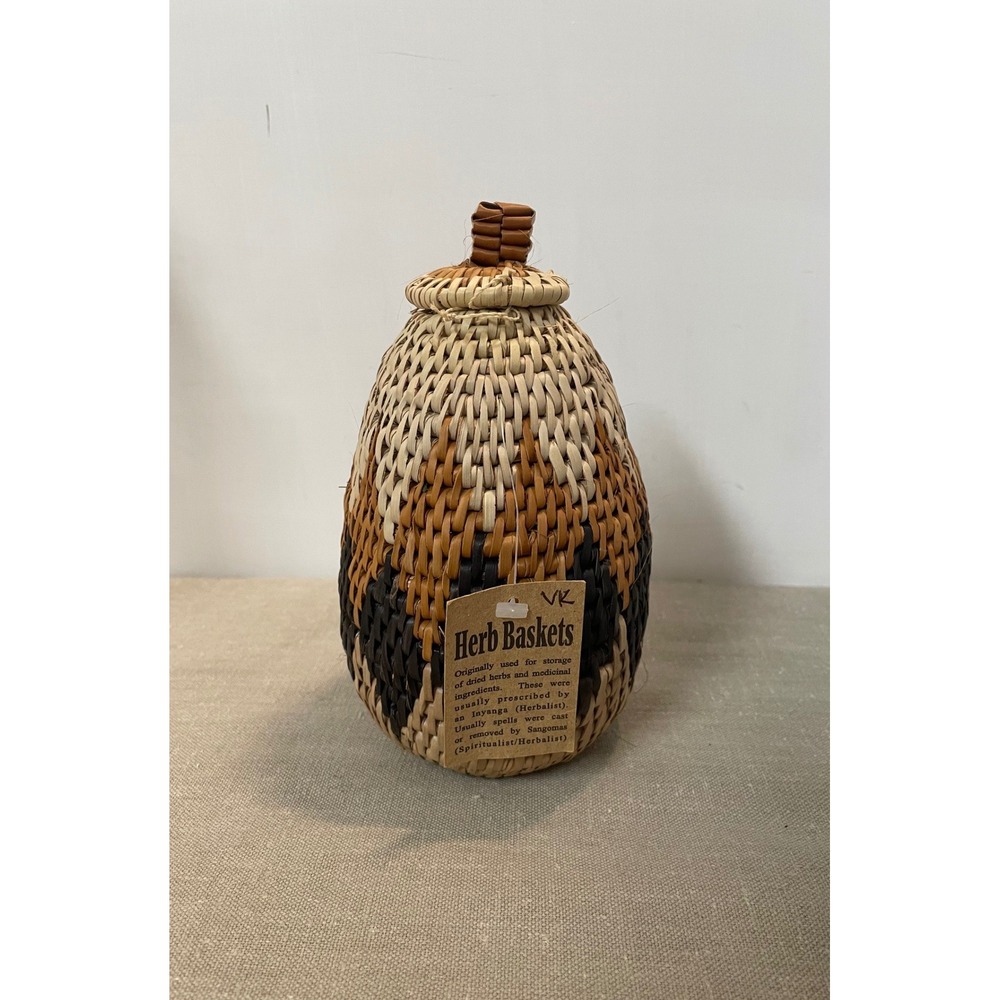 Zulu Herb Basket Handwoven South African‎ Lidded Pot Natural Dyes Zululand 6.5in